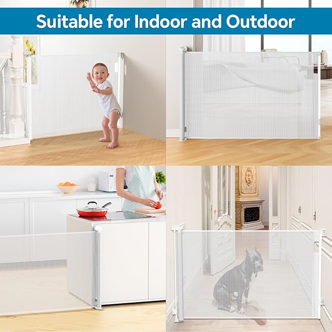 Bulubaky Extra Tall Safety Retractable Baby Gate Adjustable Wide Retractable Dog Gate Mesh Baby Gate Child Gate for Doorway, Hallway, Stair Gates for Kids or Pets (White, 42" Tall x 55" Wide)