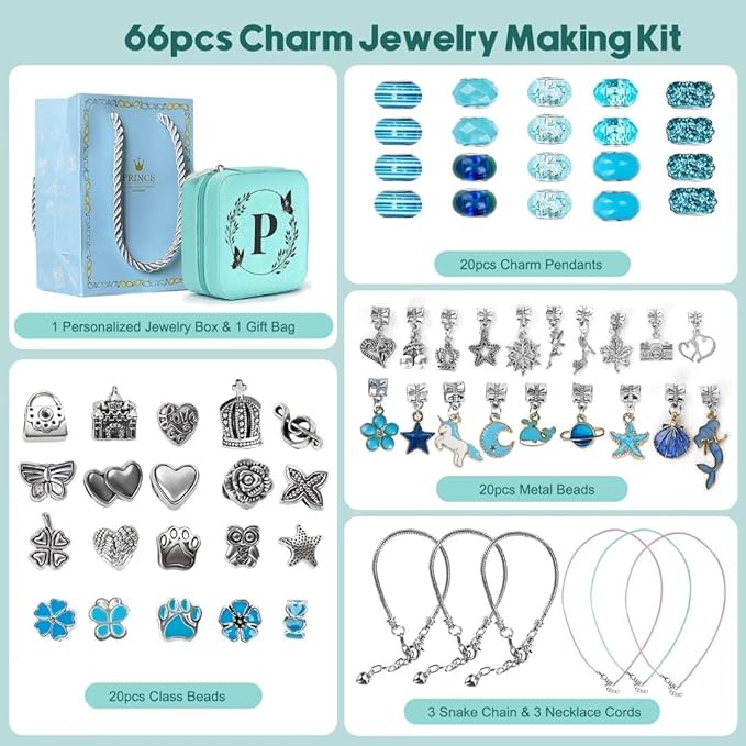 Charm Bracelet Making Kit, Kid Jewelry Making Kit for Girls 8-12, Unicorn Craft Kits for Teen Girls Toys Ages 3-10 Years Old Girl Gifts Trendy Stuff Birthday Christmas Gift with Initial Jewelry Box- P