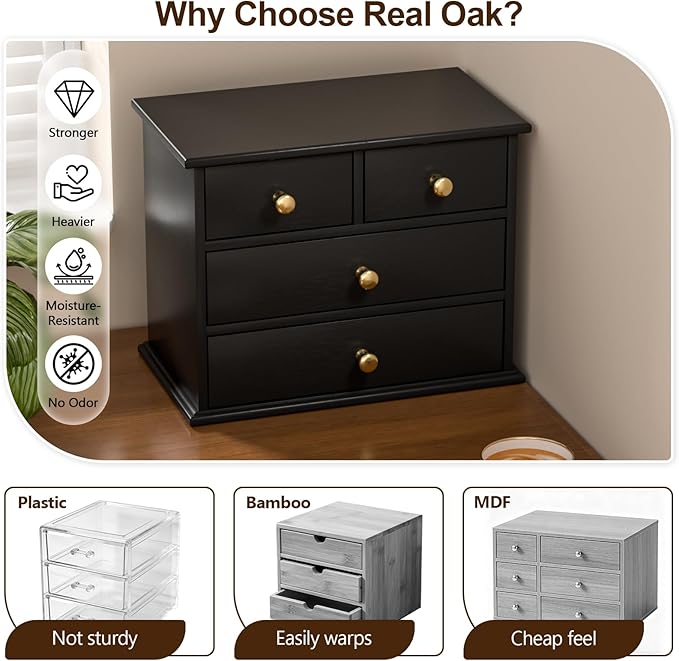 Oak Desk Organizer with Drawers, Durable Wooden Desktop Storage Box with Metal Handles & Non-Slip Silicone Pads, 4 Drawer Tabletop Organizer for Office, Bedroom, Bathroom, Vanity, and Makeup – Black