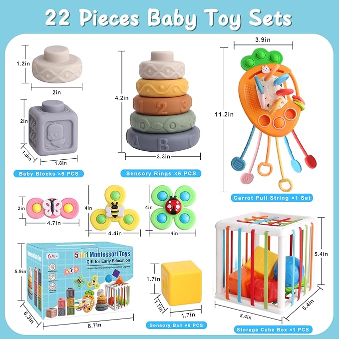 5 in 1 Montessori Baby Toy Set for Toddler Aged 6+ Month - Fine Motor Skill Learning Toys for Baby Grasp & Hand-Eye Coordination. Early STEM Gift Toy for Boys Girls 1 2 3 Years Old