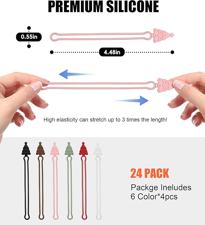 Nearockle 24Pcs Silicone Cable Ties Cord Organizer, 4.5" Reusable Cute Christmas Ties for Bundling Electrical Wire in Home, Office, School, Travel Essentials (Multicolor)