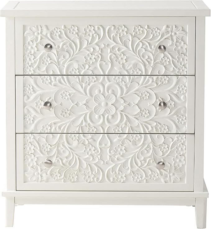 COZAYH 3-Drawer Fully-Assembled Flower Motif Dresser for French Country, Farmhouse, Modern, Rustic Style, Distressed Finish, White-Washed