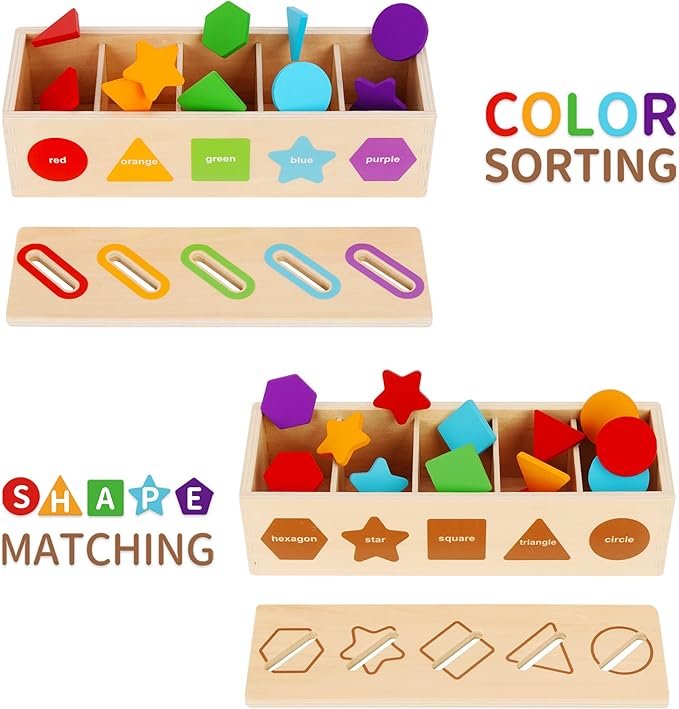 Montessori Toys for 1 2 3 Year Old | Wooden Color & Shape Sorting Matching Toys | Learning Educational Toys for 1-3 Year Old Kids | One 1st 2st Birthday Gift for Boy Girl