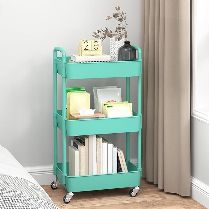 Sywhitta 3-Tier Plastic Rolling Utility Cart with Handle, Multi-Functional Storage Trolley for Office, Living Room, Kitchen, Movable Storage Organizer with Wheels, Green