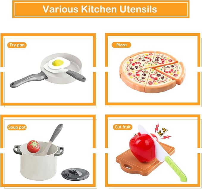 150Pcs Kitchen Playset, Toddlers Pretend Cooking Cookware Accessories, Food, Picnic Blanket, Fruits, Veges, 2Pack Shopping Storage Basket, Dessert and Prop Money, Gift for Kids (White)