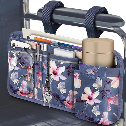 FINPAC Wheelchair Side Storage Bag w/Cup Holder, Wheelchair Armrest Accessories Pouch with Pen Slot and Reflective Strips for Power Walkers, Rollators, Seniors - Blooming Hibiscus