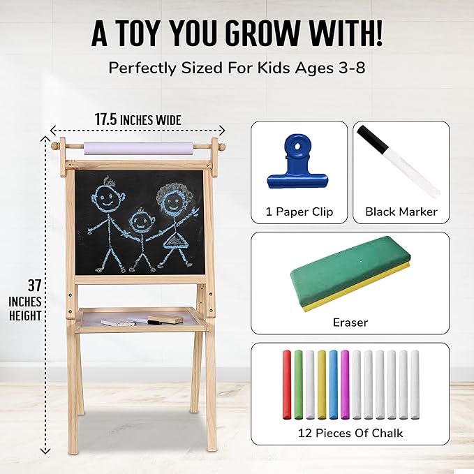 Kraftic Deluxe Standing Art Easel for Kids - Toddler Drawing Chalkboard, Magnetic Whiteboard, Dry Erase Board, Paper Roll and Accessories