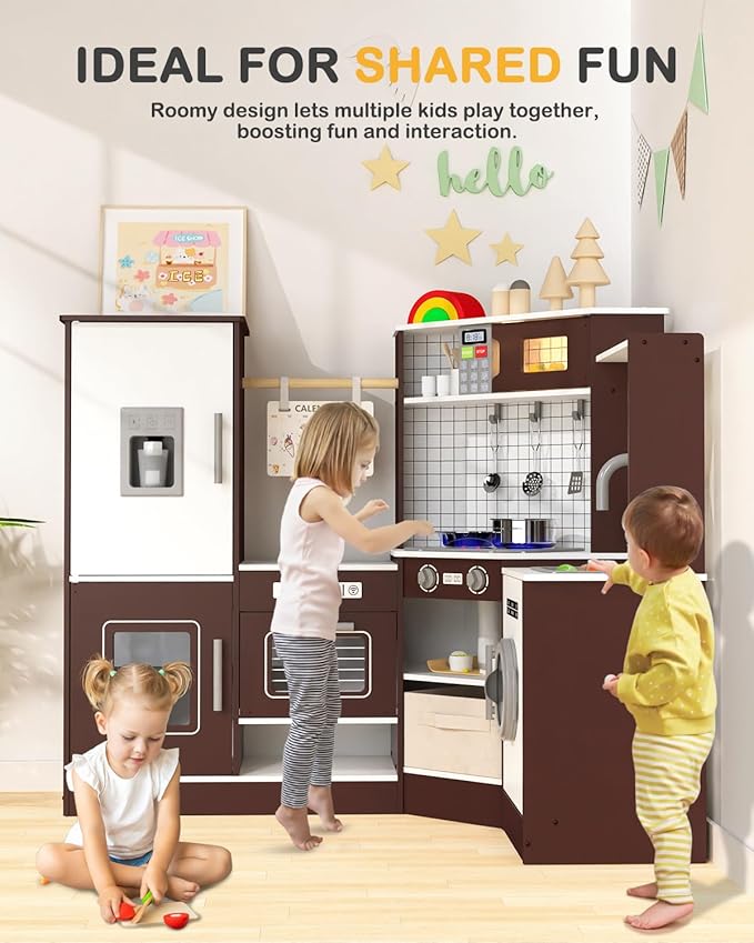 Babytronic Corner Wooden Play Kitchen Set for Kids w/Lights & Sounds, Pretend Play Kitchen Playset with Stove, Microwave, Ice Maker & Accessories, Perfect for Toddlers & Multiple Children (Coffee)