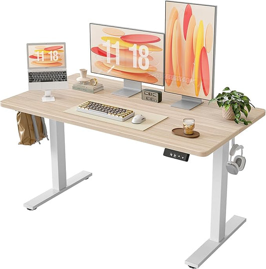 TIQLAB 55 * 28 Inches Standing Desk, Adjustable Height Stand up Desk,Sit Stand Home Office Table with Splice Board, Light Walnut