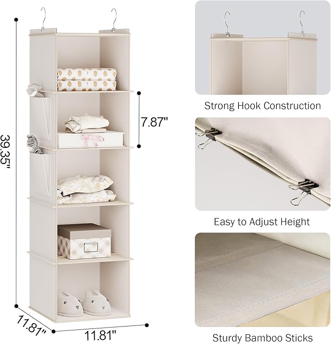 YOUDENOVA Hanging Closet Organizer, 5-Shelf Closet Hanging Storage Shelves, Beige