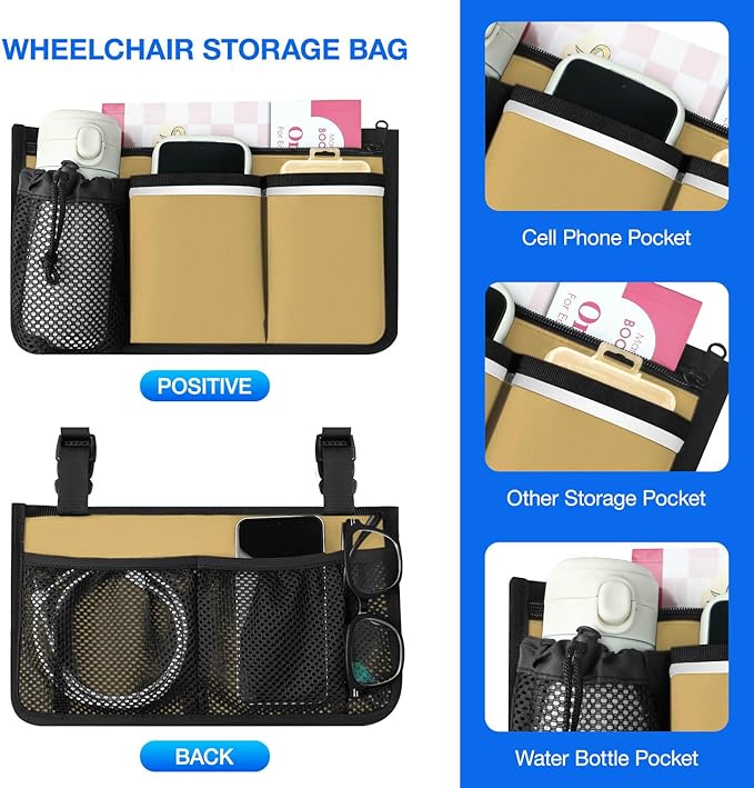 Wheelchair Bag, Walker Bag, Wheelchair Side Bag, Armrest Organizer Pouch with Cup Holder Attachment and Reflective Strip, Accessories for Most Wheelchairs, Walker, Rollators (Khaki)