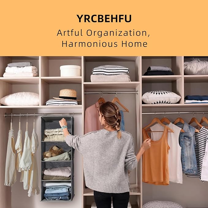 4-Shelf Hanging Closet Organizer and Storage, Collapsible Hanging Shelves for Closet with 2 Side Pockets, Hanging Shoe Organizer to Saving Space,Grey