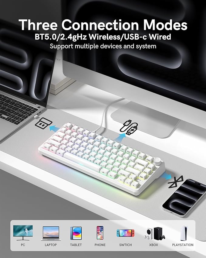 L75 Wireless Mechanical Keyboard with Knob, 75% Hot Swappable Custom Gaming Keyboard Gasket Structure with RGB Backlit, Pre-lubed Switches, Crystal Jelly PBT Keycaps, 2.4GHz/USB-C/BT5.0 Mode