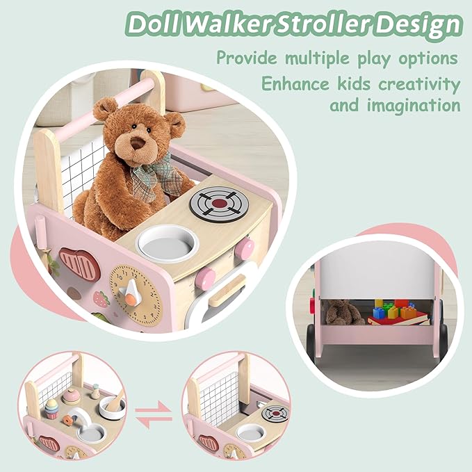 Wooden Baby Walker 9-in-1 Activity Center with Toddlers Montessori Sensory Toys and Play Kitchen Push Walker for Kids with Wheels and Storage Space, Ideal Gift for Girls Boys Ages 6-36 Month