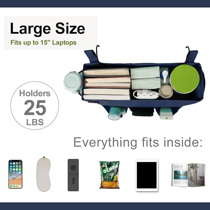 Surblue Bedside Organizer with Hook Bedside Caddy Hanging Storage Bag with Adjustable Straps and Water Bottle Holder for Home College Dorm Bunk Bed Accessories, Crib Bed Rails, Hospital Bed，Navy