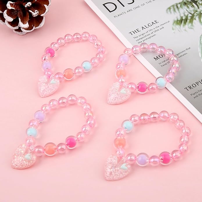 5Pcs Bracelets for Girls Kids, Cute Stretchy Bead Bracelets with Floral Bow pendant Little Girl Friendship Bracelets Costume Jewelry Princess Party Favors for Halloween, Christmas