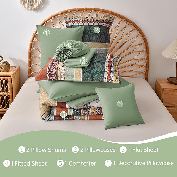 Cottolester Boho Comforter Set King Size,8 Pieces Sage Green and Orange Bohemian Striped Bed in a Bag,Paisley Soft Microfiber Bedding Comforter Set