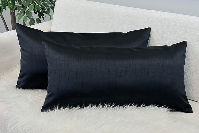 Aiking Home 12x24 Inches Faux Silk Rectangular Throw Pillow Cover, Zipper Closure, Black (Set of 2)