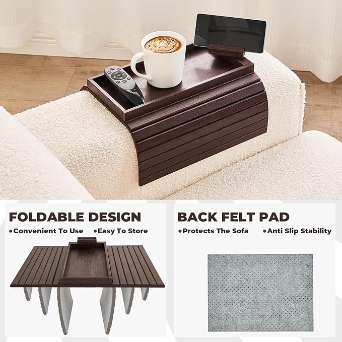 Bamboo Sofa Arm Tray, Anti Falling Couch Arm Tray Armrest Table with 360° Rotating Phone Holder, Foldable and Portable Sofa Armrest Trays Cup Holder for Drink,Cups, Phone, Snacks, Remote