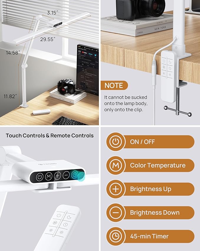 TROND LED Desk Lamp with Clamp, 29.55'' Tall Desk Light with Remote, 1500LM Bright Table Lamp, Swing Arm Clip on Light, Eye-Caring, Touch Control Dimmable for Home Office Monitor Reading Study Task
