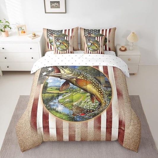 Kids Pike Fish 7 Piece Bedding Set Full Size Fishing and Hunting Bed in a Bag for Boys Bedroom Decor Bass Big Fish Comforter Set with Sheets,Pillowcases & Pillow Covers Farmhouse Soft