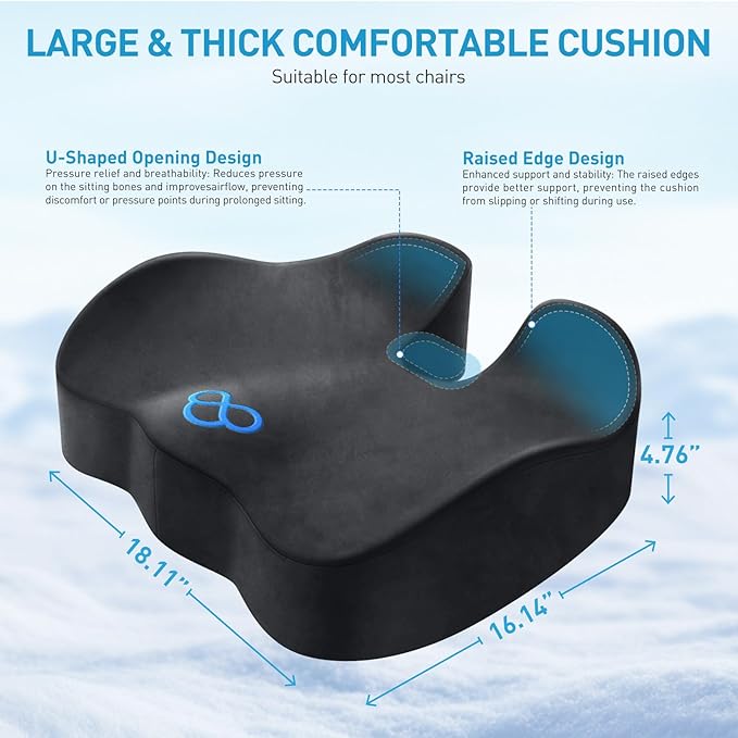 BlissTrends Seat Cushion,5.2in Thick Memory Foam Cushions for Office Chair, Car Seat, Airplane, Relieving Pressure Tailbone Sciatica Back Pain for Long Sitting Office Workers, Car Drivers Grey