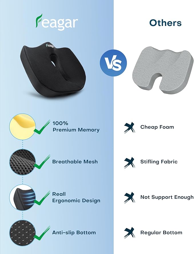 Feagar Memory Foam Seat Cushion for Office Chairs Desk, Gaming Chair Pad Tailbone Comfort Support Mesh Cover Dense Hip Sciatica Car Seat Cushion for Long Sitting Black