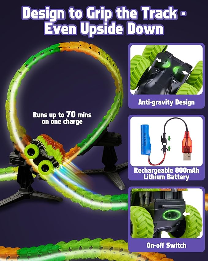 Magic Car Track Set, 154PCS Glow Race Track, Flexible Race Car Tracks, Dinosaur Train Set Glow in The Dark, Race Tracks for Kids Ages 3-8, Toddlers Birthday Gifts, for Kids