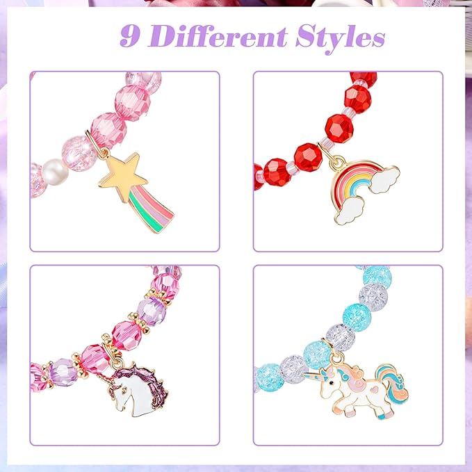 Hicarer 9 Pieces Unicorn Girls Bracelets for Toddler Little Girls Rainbow Bracelets Princess Colorful Cute Beaded Jewelry for Gift Goodie Bag Stuffers Birthday Party Favors(Classic Style)