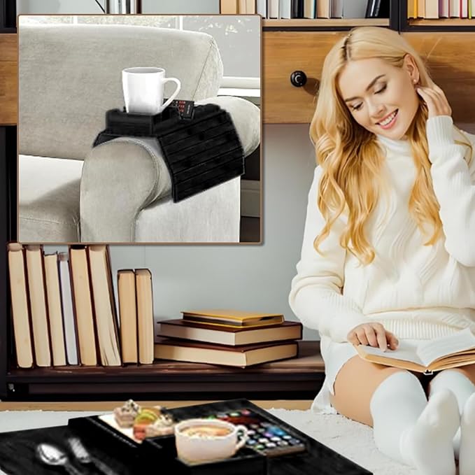 CNQLIS Bamboo Couch Cup Holder - Detachable Sofa Armrest Tray, Anti-Slip Foldable Sofa Table Tray for Drinks, Cellphone, Remote, Snacks, Versatile 2-in-1 Couch Arm Tray Set (Black)