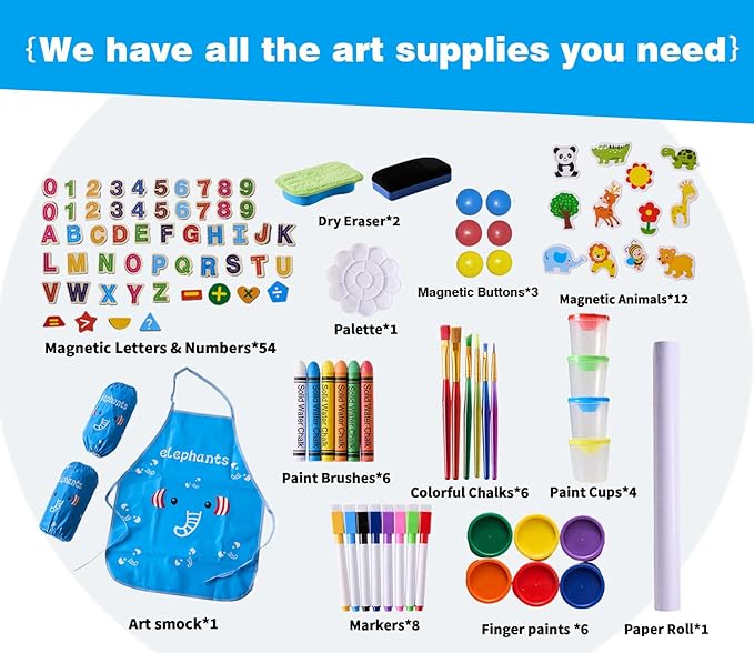 2-in-1 Double Sided Kid's Easel, Height-Adjustable Art Easel for Boys and Girls Ages 3-10, Including 100+ Accessories with Magnetic Chalkboard & Painting Board, Toddler Gifts