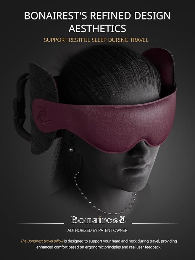 Bonairest Travel Pillow, Airplane Neck Pillow for Long Flight, Oversized Head Strap with 3D Eye Mask for Sleep, 360°Support Headrest, Stop Bobblehead, Ultimate Travel Essentials for Men Women Red