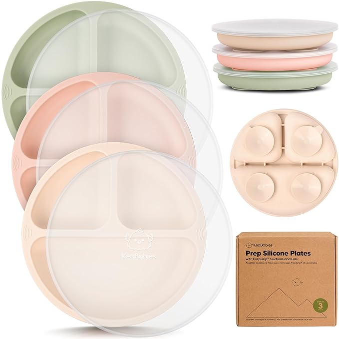 KeaBabies Suction Plates with Lids for Baby - 3-Pack 100% Silicone Suction Plates for Baby, Kids,Toddler Plates,Divided Baby Plates with Suction,Lids, BPA-Free, Microwave, Dishwasher Safe (Macaron)