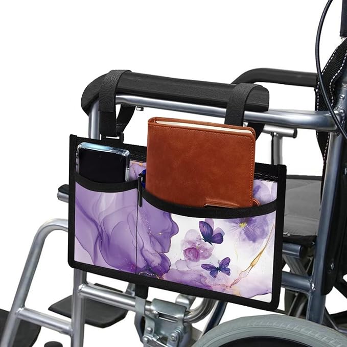ZOUTAIRONG Purple Marble Print Butterfly Cross Wheelchair Side Bag Power Wheelchair Bag Walker Organizer Pouch Tote for Rollator and Folding