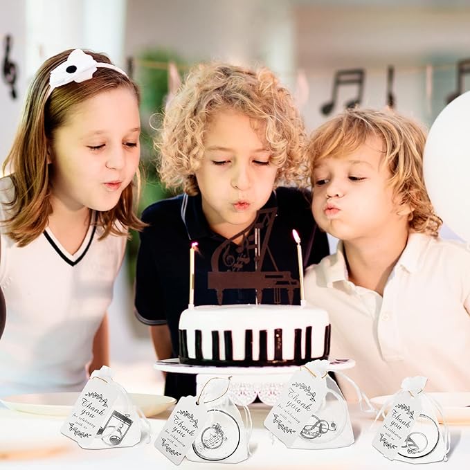 187 Pieces Music Party Favors with Music Notes Silicone Bracelets, Metal Musical Note Keychains, Round Label Stickers, Thank You Tags and Sheer Organza Bags for Music Theme Party Supplies Decorations