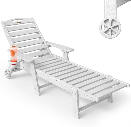 Chaise Lounge Outdoor, Lounge Chair Outdoor with Wood Texture, Adjustable 5-Position Backrest, HDPE Lounge Chair with Wheels & Cup Holder for Pool Deck Backyard, White