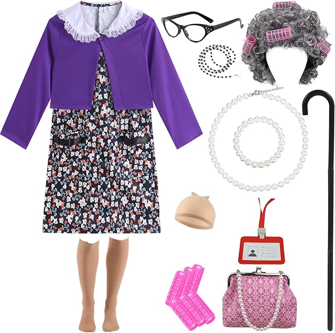 Kids Old Lady Costume Girls 100 Day of School Costume Grandma Costume Girls Old Women Granny Halloween Party