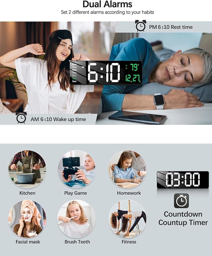 JoFomp Modern 16" Large Digital Wall Clock with Remote Control, LED Display, Auto-Dimming, Countdown, Temperature, Calendar - 12/24Hr Format - Silent Wall Clock for Home, Office, or Gym Use (Green)