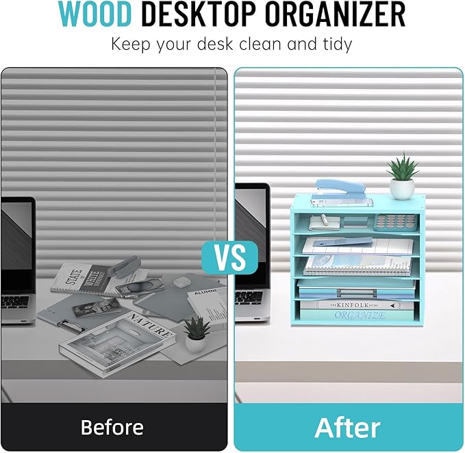 5-Tier Wood Desk Organizer, Paper Tray Organizer for Desk with Adjustable Storage Shelves, Desktop File Organization Paper Sorter Mail Holder for Office Home Classroom, Blue