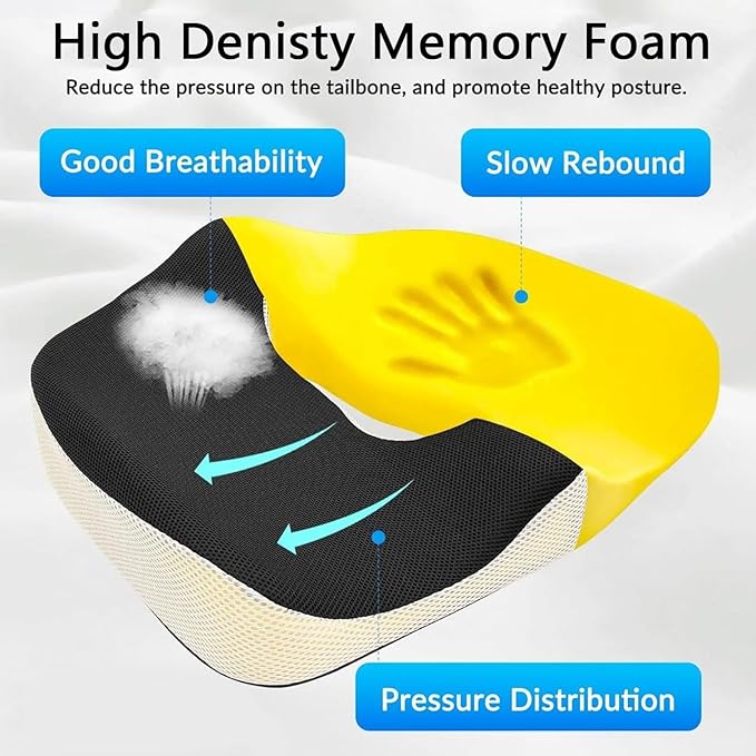 Seat Cushion for Tailbone Pain Relief, Memory Foam Coccyx Cushion for Office Chair & Car, Ergonomic Chair Pad with Non-Slip Cover & Handle, Sciatica Relief for Gaming Chair, Wheelchai