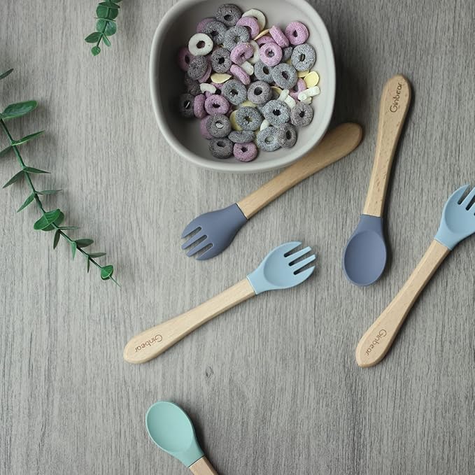 Ginbear Silicone Baby Spoon and Fork Self-feeding, Baby Flatware Sets for Girl, Toddler Feeding Utensils for Child 6 Months+ (Mauve/Pink)