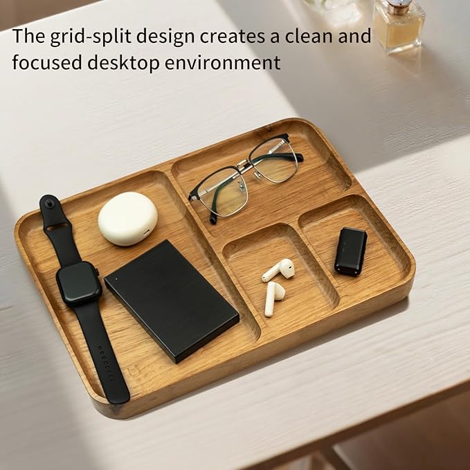 Desk Drawer Organizer Tray Wooden Valet Trinket Catch All Key Nightstand Tray with 4 Deep Dividers, 14x10x1'', Solid Wood Carved