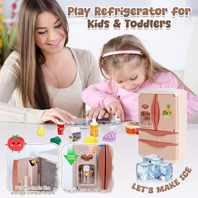 Coherny Play Kitchen Toys Fridge Refrigerator with Ice Dispenser,Mini Dollhouse Furniture Fridge Kids Kitchen Playset with Mini Play Food,Toddler Kitchen Playset Accessories for Boys Girls