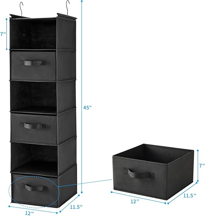 MAX Houser 6 Tier Shelf Hanging Closet Organizer, Closet Hanging Shelf with 2 Sturdy Hooks for Storage, Foldable (Black-D3)