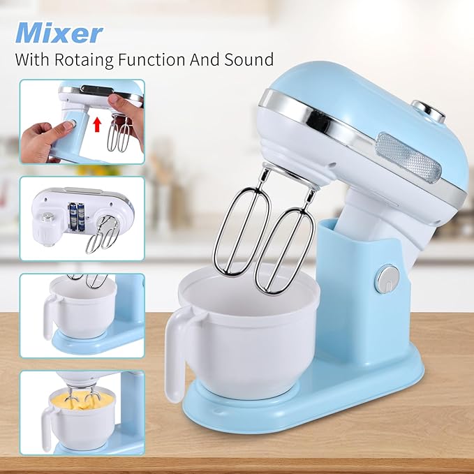 Ehome Play Kitchen Toys Kids Kitchen Accessories Pretend Play Kitchen Appliances Toy Set with Coffee Maker, Mixer, Toaster for Kids Ages 4 5 6 7 8 Girls, Birthday Gifts for Kids, Blue