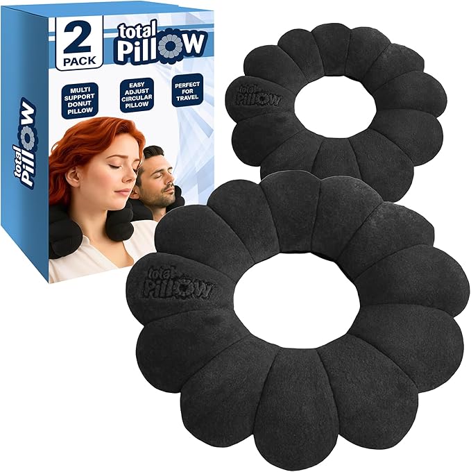 Total Pillow Airplane & Travel Pillow - Microbead Neck Pillow - Comfortable Pillow for Neck, Head, Back & Lumbar Support - Donut Pillow Chair Cushion for Sitting - Ear Piercing Pillow - 2 Pack, Black