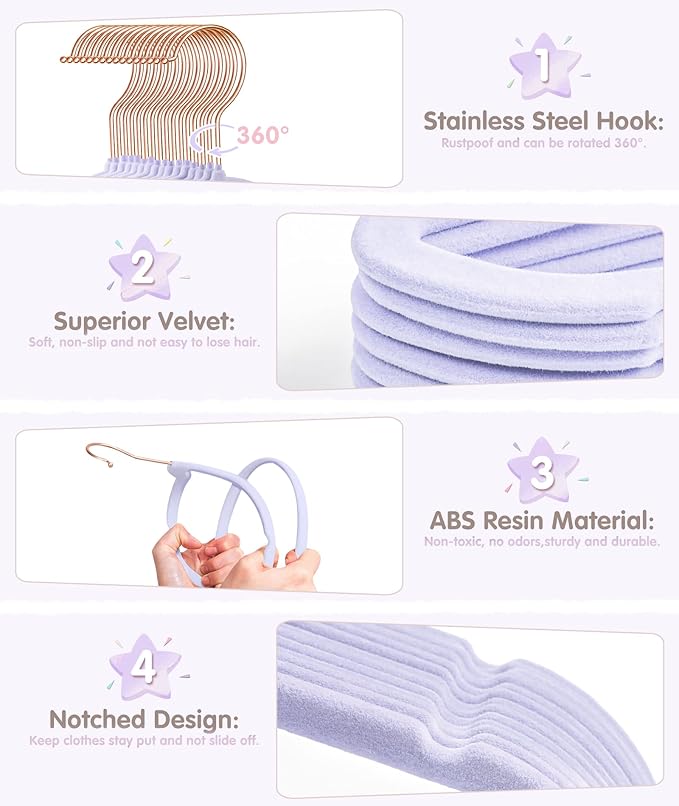 Baby Hangers, VIS'V 11 Inch Lavender Velvet Kids Hangers with 6 Pcs Size Dividers Non Slip Nursery Children Closet Clothes Hangers for Infant Toddler Girls and Boys 30 Pcs