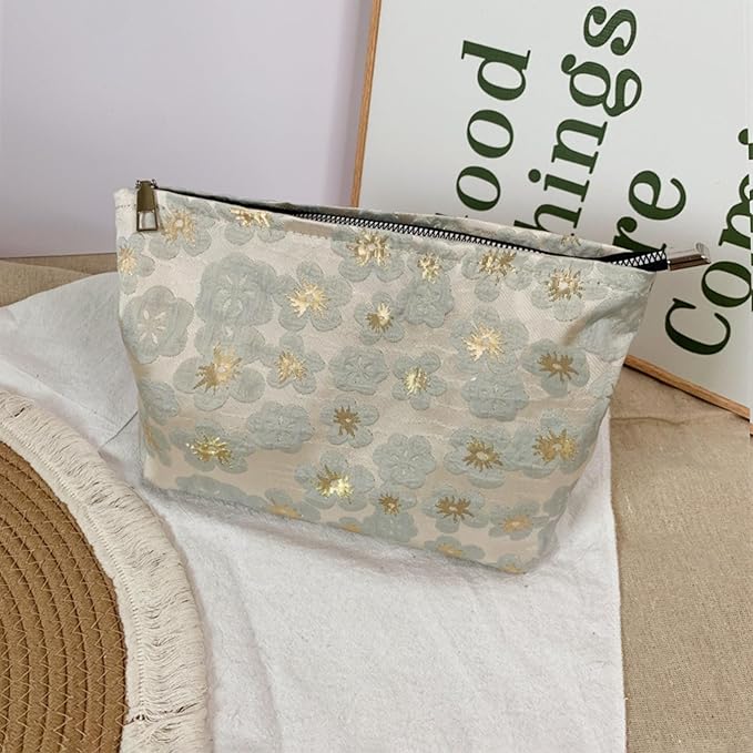 HAPPYHEIDI Aesthetic Floral Makeup Bag Cosmetic Travel Zipper Pouch,Purse Make Up Organizer, Textured Fabric,Canvas Lined,Beige Golden,Large