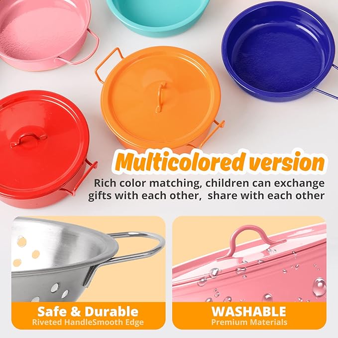 Kids Play Kitchen Toy Accessories Set Toddler Cooking Playset Colorful Stainless Steel Pots and Pans Birthday Gifts for 3+ Girls Boys (Pink)
