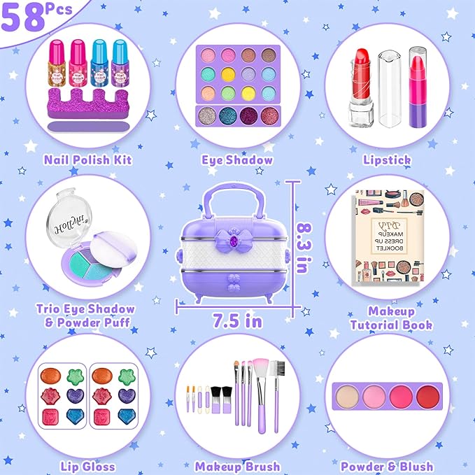 Hollyhi 58 Pcs Kids Makeup Kit for Girl, Princess Toys Real Washable Cosmetic Set with Mirror, Kids Makeup Sets for Girls, Play Make Up Birthday Gifts for 3 4 5 6 7 8 9 10 11 12 Years Old Kid(Purple)
